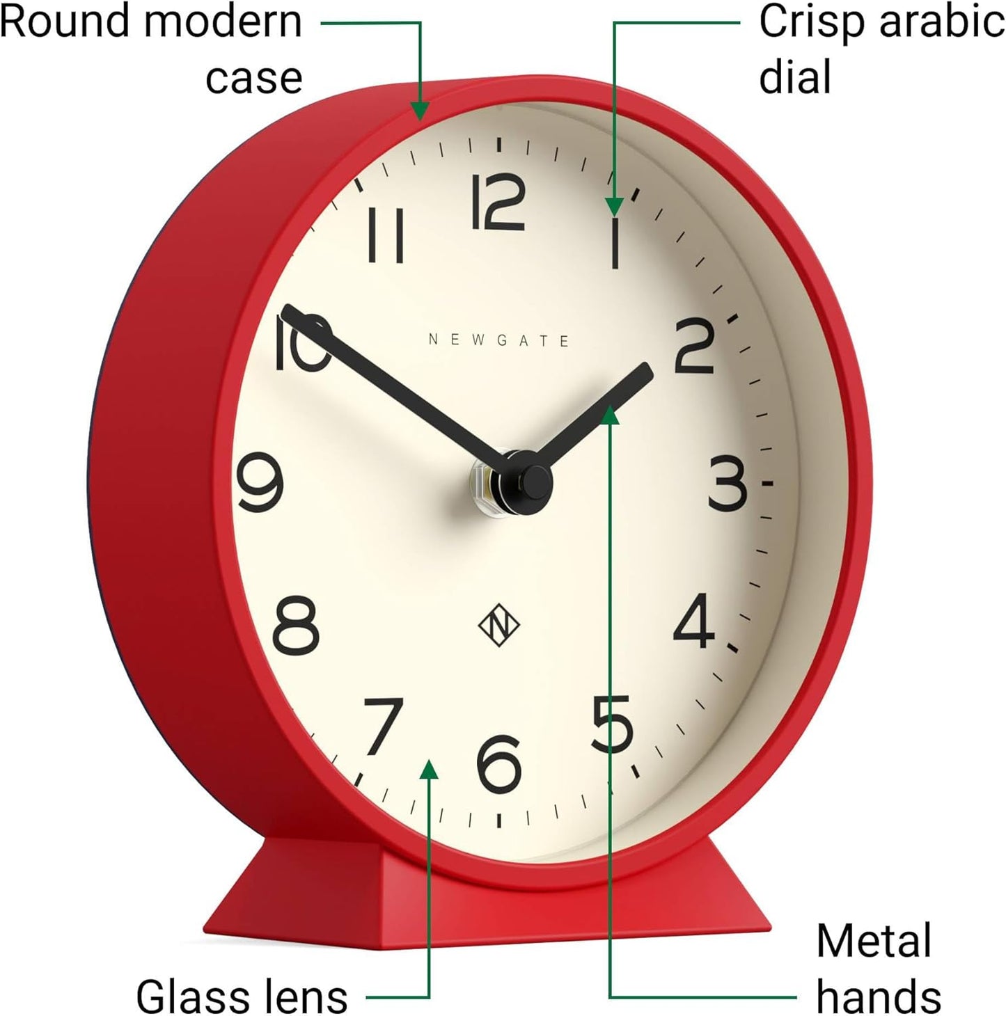 NEWGATE® M Mantel Echo Desk Clock | Modern Round Design | Red | Easy to Read Numbers | Contemporary Style for Desk, Table, Shelf or Bedside