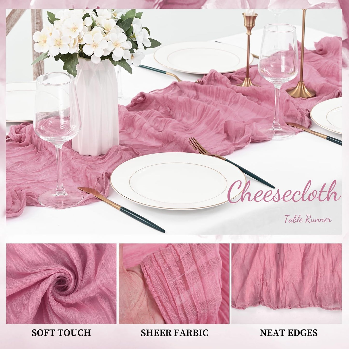 12 Pack Dusty Rose 10FT Cheesecloth Table Runner 20 x 120 Inch Long Rustic Gauze Fabric Cheese Cloth Table Runner for Wedding Bridal Baby Shower Table Decorations Boho Sheer Birthday Party Table Decor