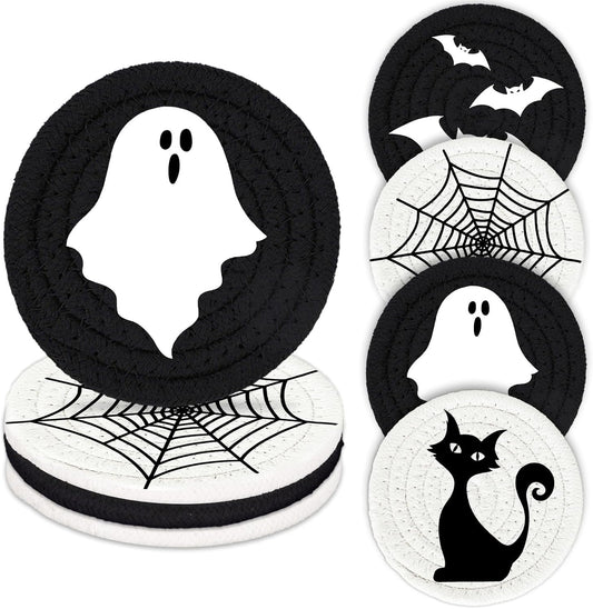 Whaline Halloween Handmade Braided Cotton Coasters Black White Ghost Bat Cat Spiderweb Drink Coasters Absorbent Cup Coasters for Halloween Party Home Office Decor, Set of 4