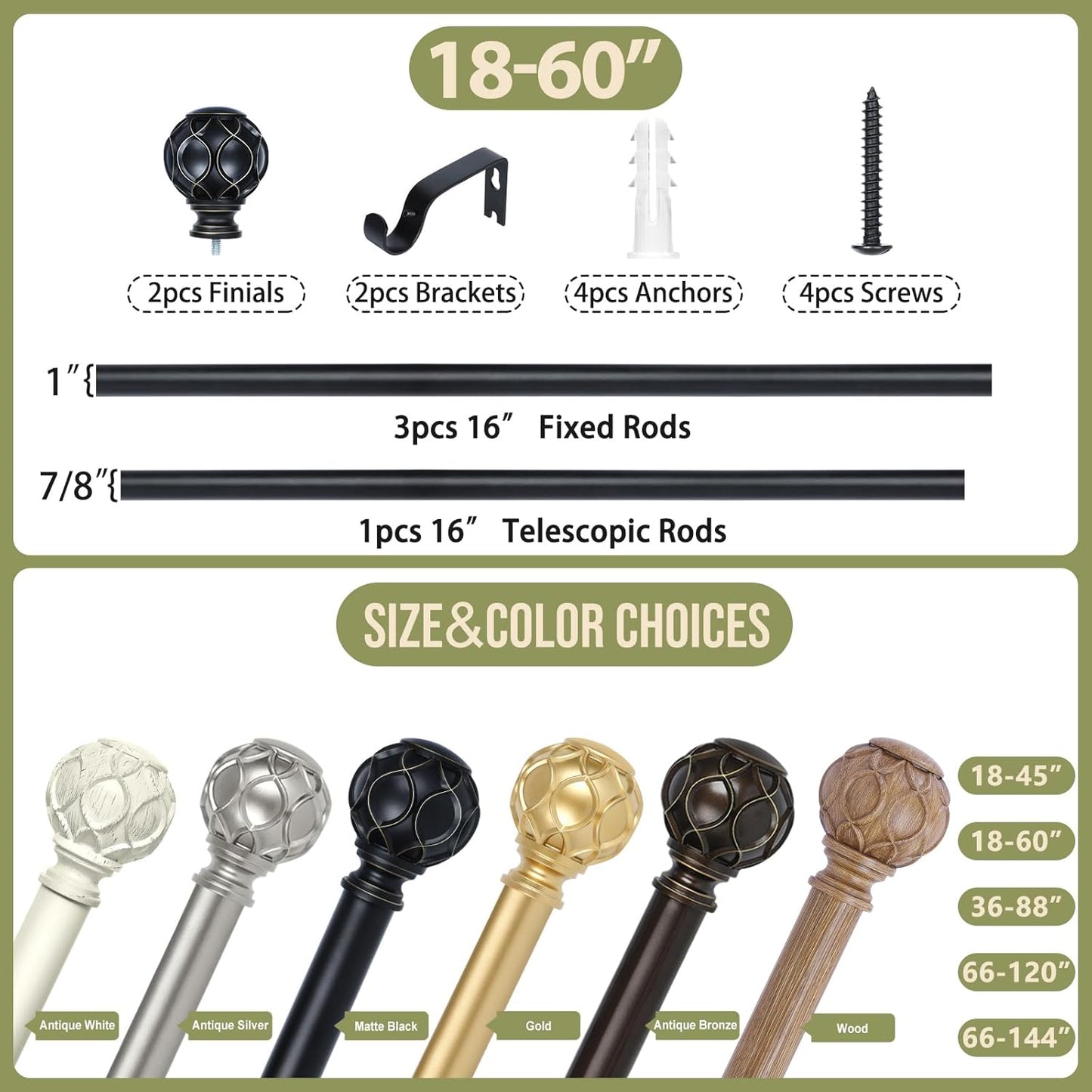 Black Adjustable Curtain Rods for Windows:18-60" Farmhouse Heavy Duty Curtain Rod for Bedroom Living Room,Boho Decorative Rustic Drapery Rods with Vintage Coastal Texture Finial,Matte Black