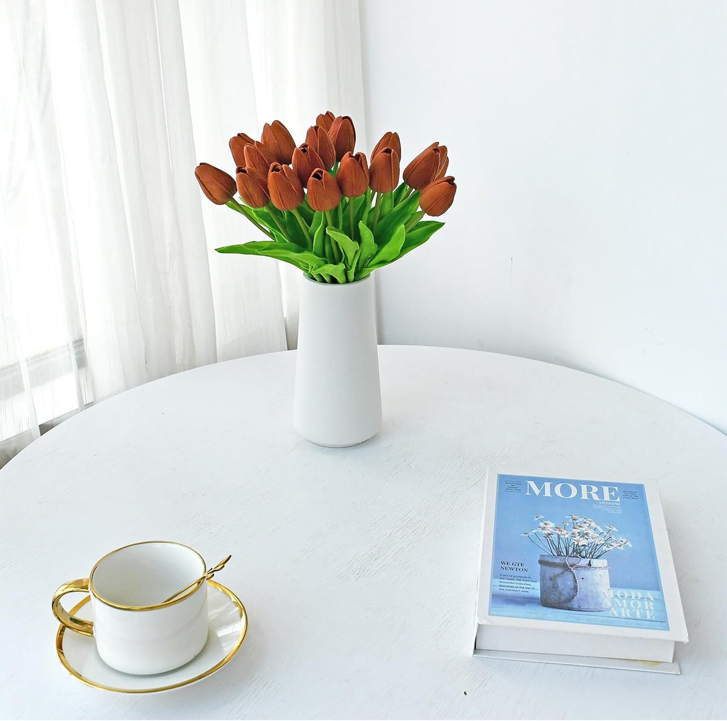 Mandy's Artificial Tulips 20 Stems Burnt Orange PU Faux Flowers for Wedding Home Decor 13.5 Inch