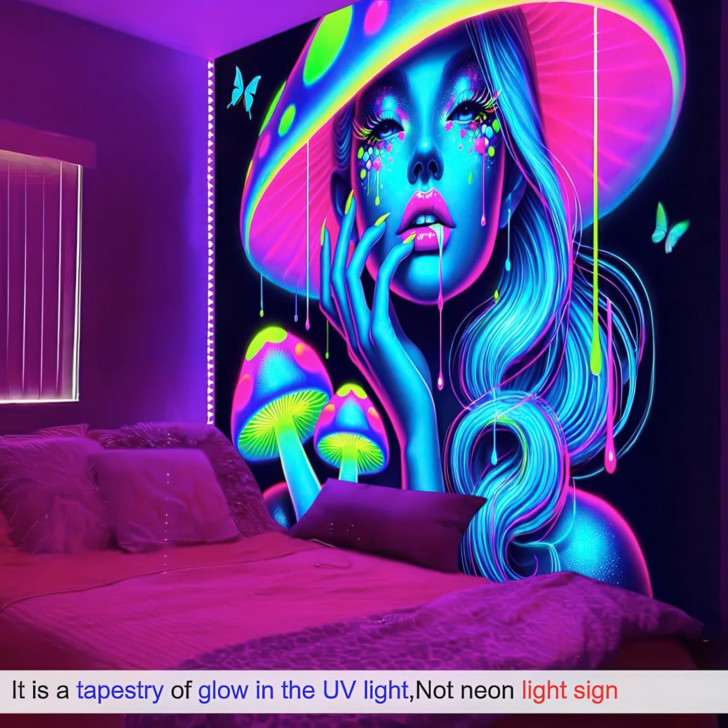 BlissYard UV Reactive Tapestry Psychedelic Mushroom Goddess Wall Fantasy Neon Mushroom Tapestry Glow In The Dark Tapestry Backdrop Wall Hanging for Bedroom Dorm Decor Bedroom 59 X 78 inches