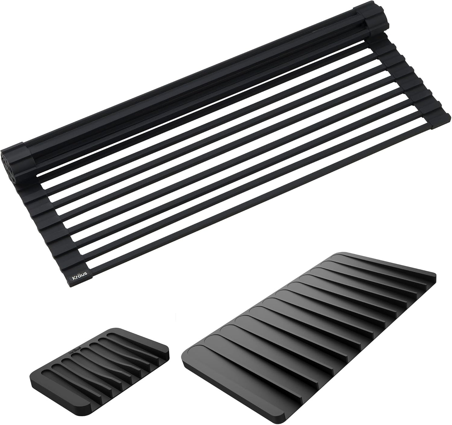 Kraus Roll Up Dish Drying Rack with Self-Draining Silicone Dish Drying Mat and Silicone Soap Dish Holder in Black, KDM-KRM-10BL