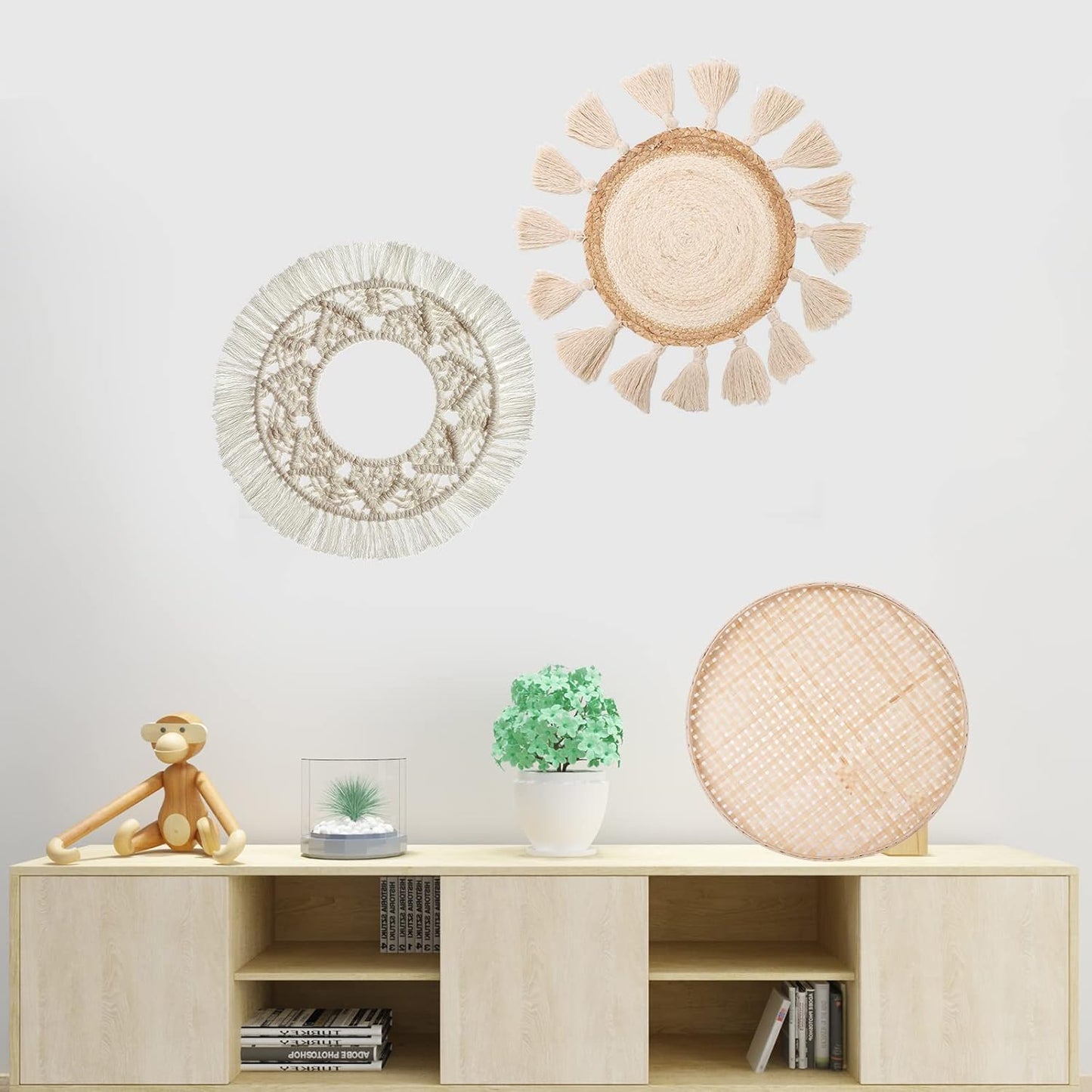 LOCS MICRAI Boho Wall Basket Decor Set of 3 - Flat Woven Basket Wall Hanging Decor,Round Tassels White Macrame Tapestry Wall Decor Art,Handmade Rattan Wicker Seagrass Home Wall Baskets Decor