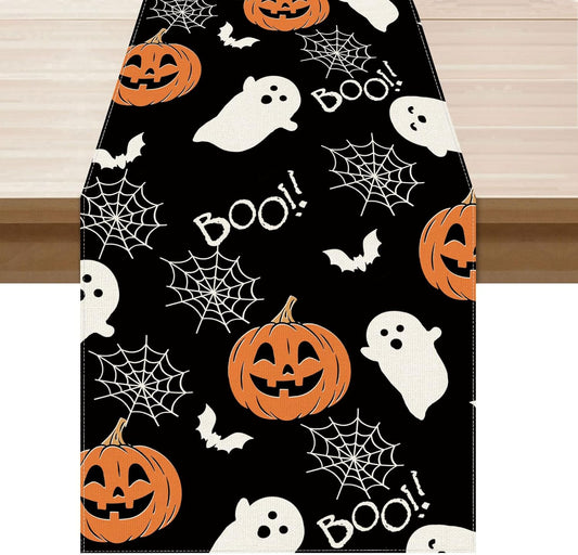 XCHI Boo Spooky Ghost Pumpkin Halloween Table Runner Burlap Table Decoration for Home Kitchen Dining Dinner Indoor Holiday Farmhouse Decor 13x48 Inch