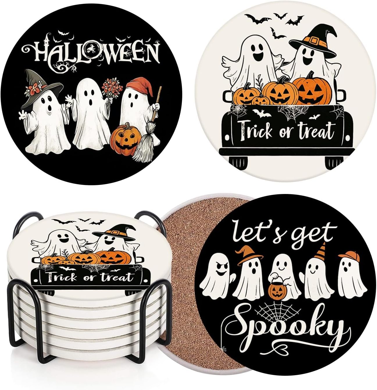 Coaster for Drinks Set of 6, Halloween Black and White Ghost Pumpkins Absorbent Round Ceramic Stone Mat, with Cork Base and Metal Holder, Gift for Housewarming Room Bar Decor