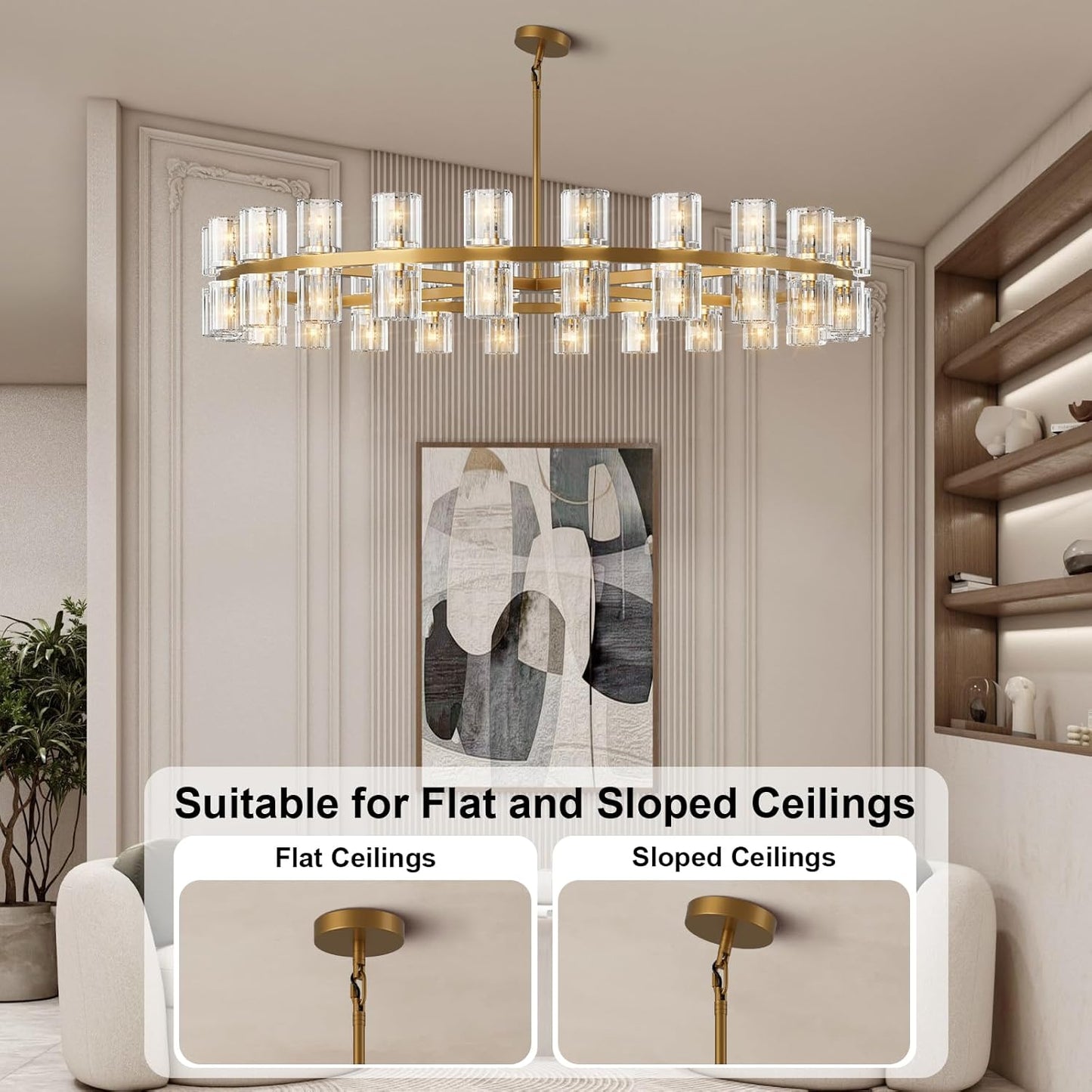 Modern 48 inch Gold Round Chandelier Light Fixture,Crystal Chandeliers for Dining Room,Living Room, Wagon Wheel Chandelier Over Table, Chandeliers for Bedroom,Foyer,G4 Bulbs Included