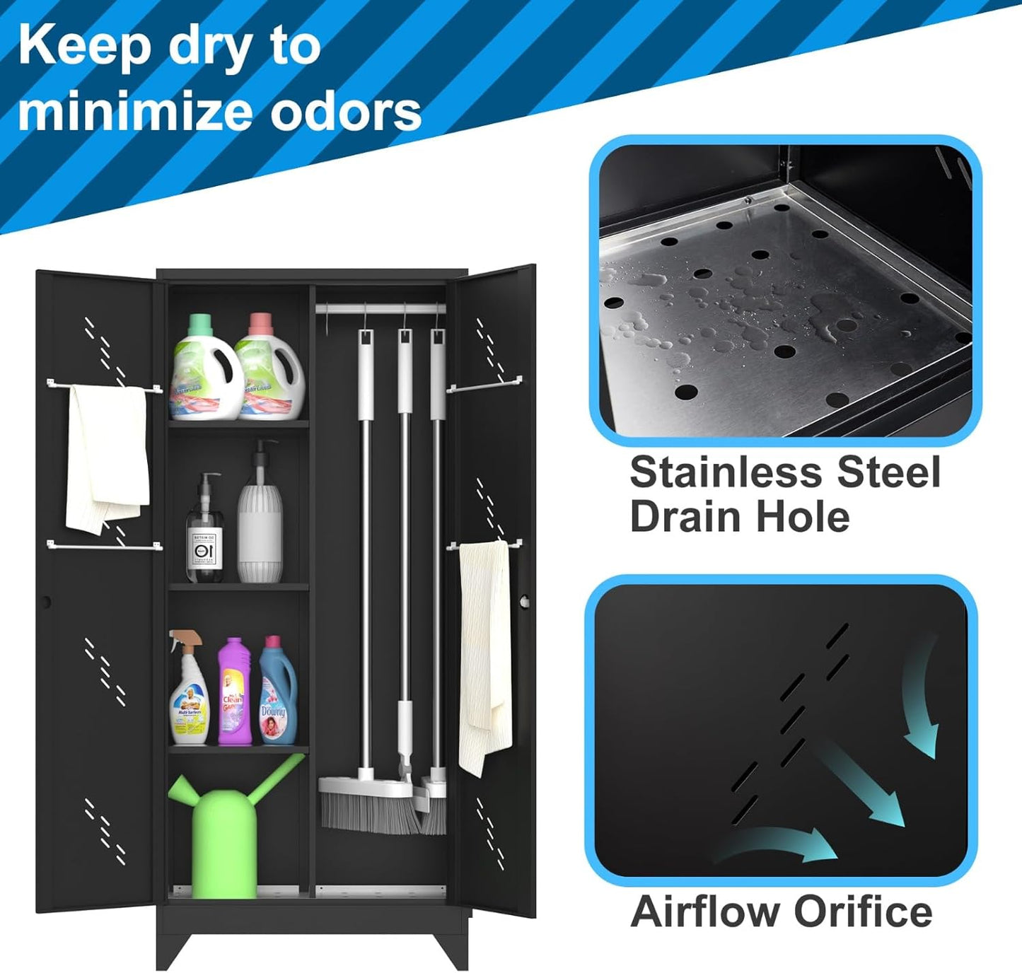71" Broom Closet Cabinet with Hanging Rod, Tall Black Metal Storage Cabinet for Bathroom, Utility Room, and Garage