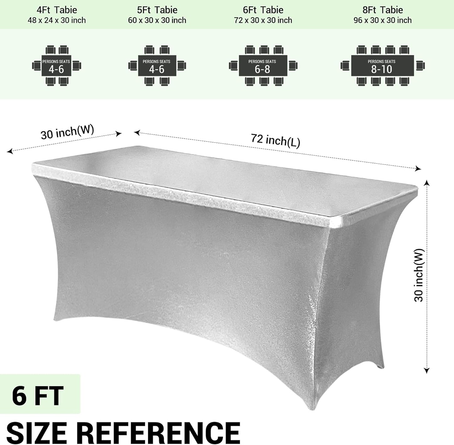 Obstal 6ft Stretch Spandex Table Cover for Standard Folding Tables - Universal Rectangular Fitted Tablecloth Protector for Wedding, Banquet and Party, 72L x 30W x 30H Inches, Stamping Silver, 2pc