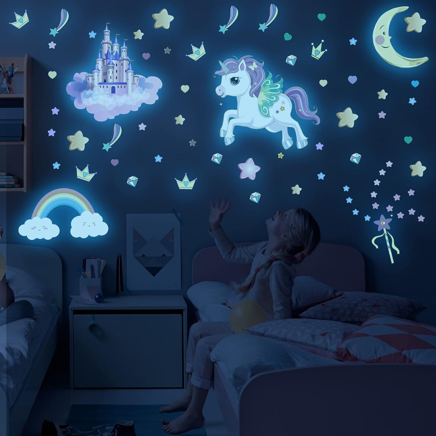 Glow in The Dark Stars and Unicorn Wall Decals, Glowing Castle Moon and Rainbow Stickers, 174 pcs Luminous Ceiling Decor for Kids Bedroom, Decoration for Girls and Boys Room (Blue)