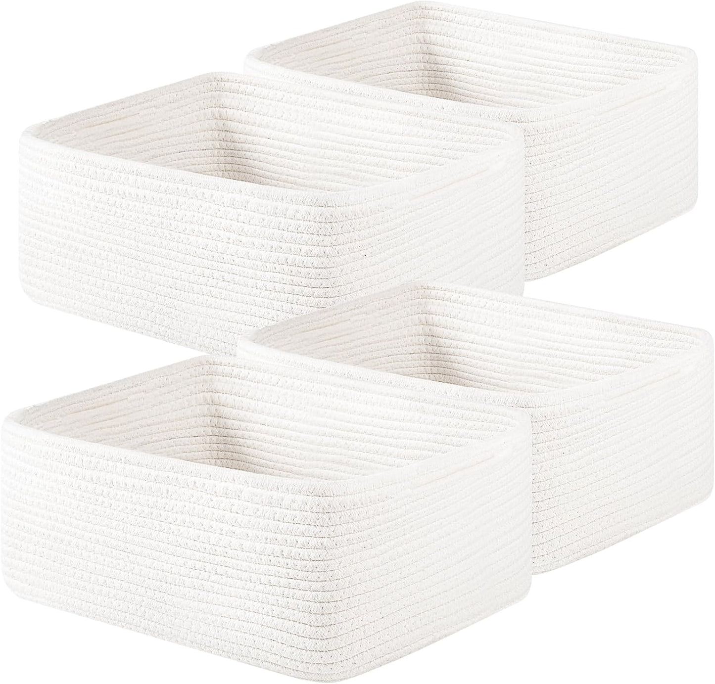 OIAHOMY 4 Pack 14.17*11.02*6.3IN Storage Baskets for Organizing Shelves, Woven Rope Baskets for Organizing Books, Clothes, Decorative Basket for Living Room, Nursery, Bedroom, Gift Basket, White
