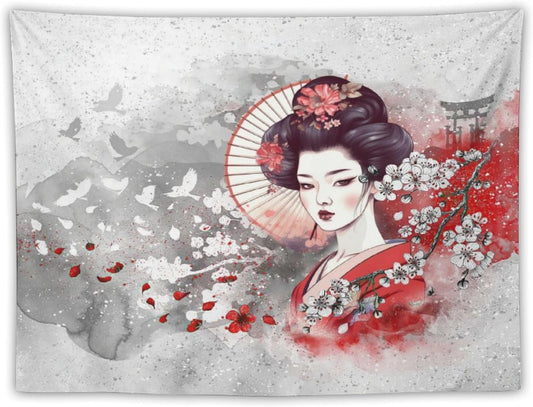 Japanese Geisha Tapestry Asian Red Cherry Blossom Traditional Kimono Folk Tapestries Home Decor for Living Room Bedroom Apartment Farmhouse Dorm 80"x60"