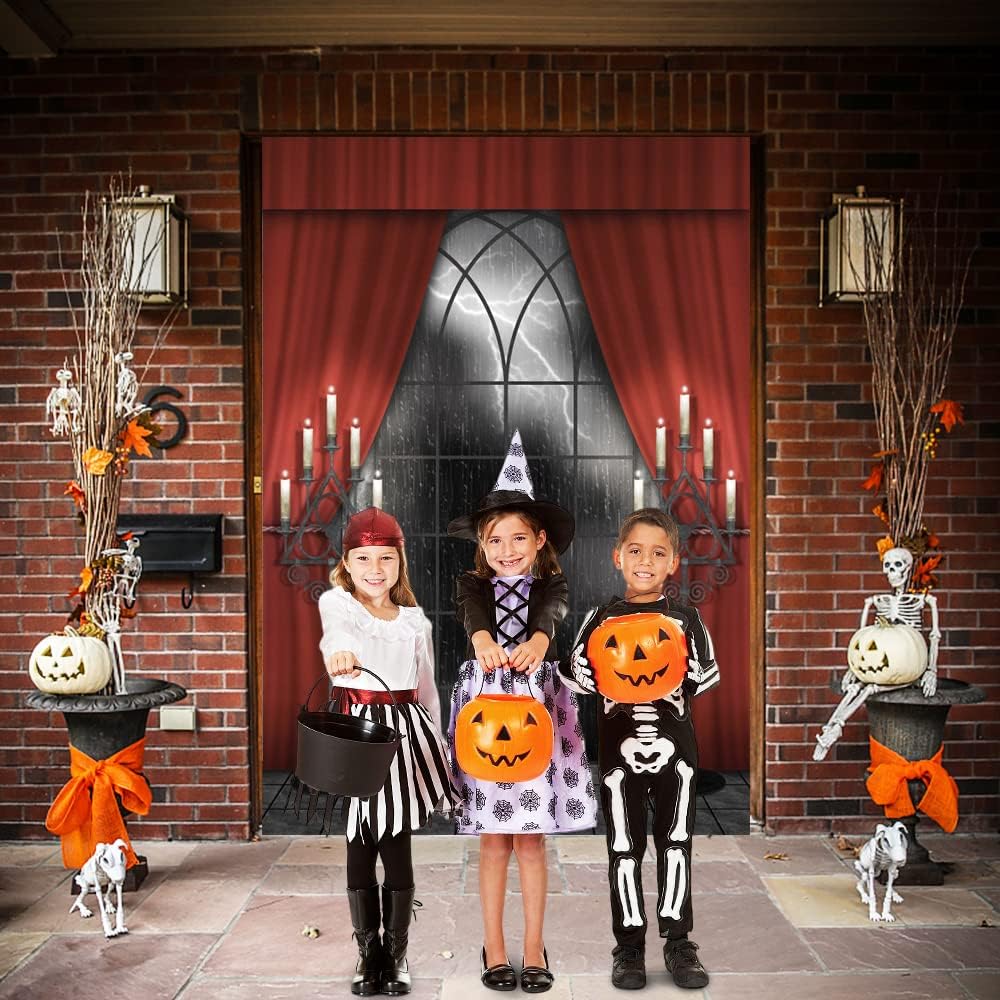 Renaiss 3x5ft Vintage Gothic Window Backdrop Red Curtain Candlestick Black Floor Lightning Stormy Sky Vampire Medieval Castle Photography Background Halloween Dress Up Party Decors Photo Booth Props