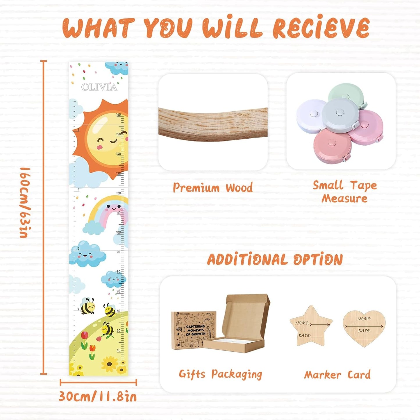 Personalized Name Growth Chart for Wall, Sun Rainbow Height Chart for Kids, No-Drill Growth Chart for Wall, Perfect as Kids Room Decor & Thoughtful Birthday Gift for Boys and Girls