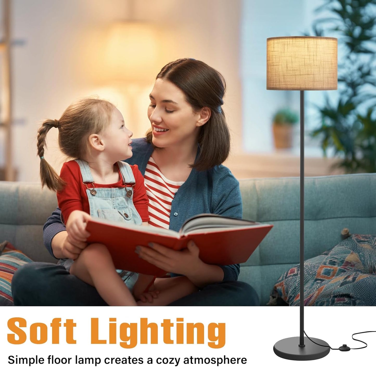 Ambimall 60'' Modern Floor Lamp with Shade, Tall Lamps for Living Room, Bedroom, Office, Dining Room, Linen Grey Shade with Black Pole(Without Bulb)