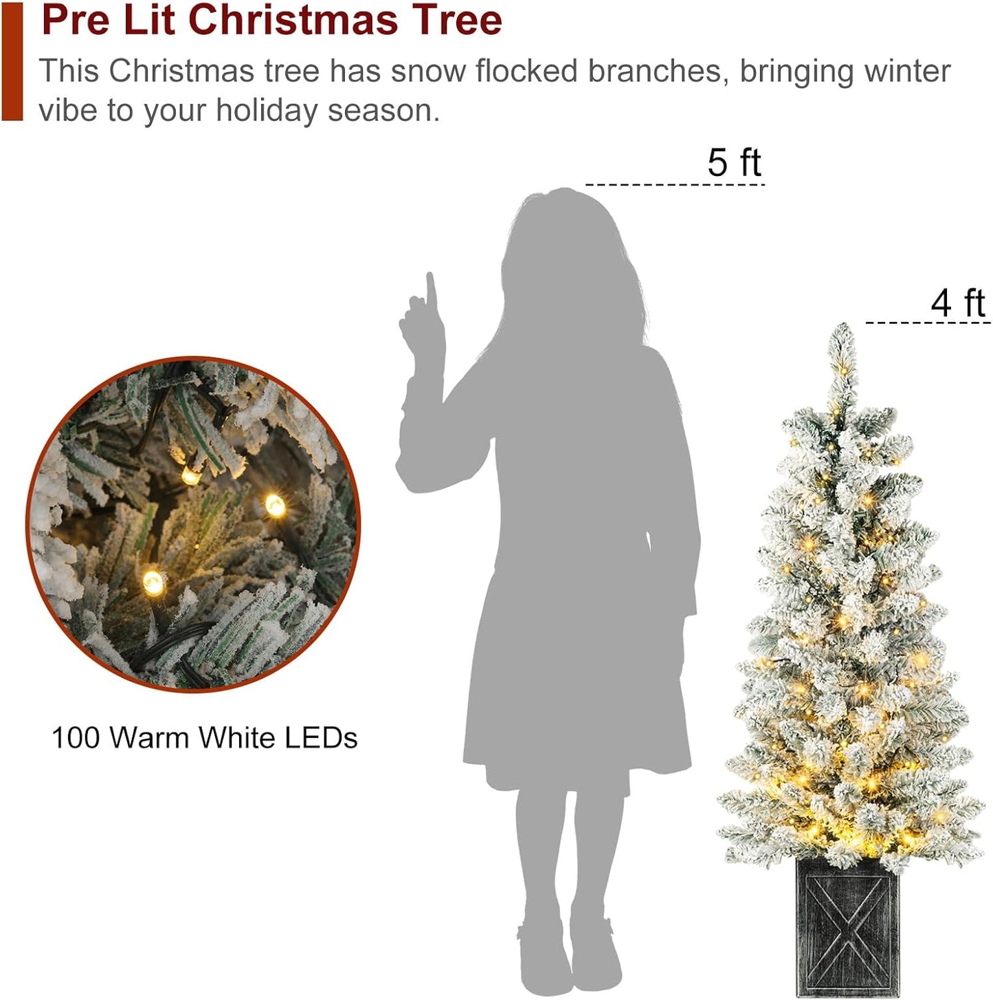 Set of 2 Christmas Trees with Lights 4-FT Artificial Potted Porch Snow Flocked Christmas Tree Battery Powered with 8 Modes and Timer for Indoor Outdoor