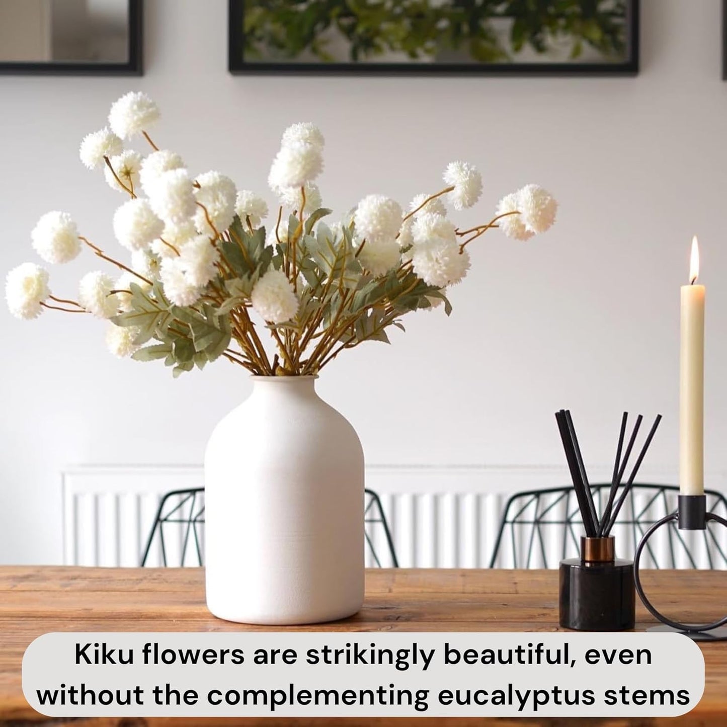 White Faux Flowers for Vase - Kiku 10 Stems & Eucalyptus, Fake Flowers Stems for Pottery Vase, Realistic Artificial Flowers, Pom Pom Balls for Aesthetic Room Decor, Floral Arrangements Centerpiece