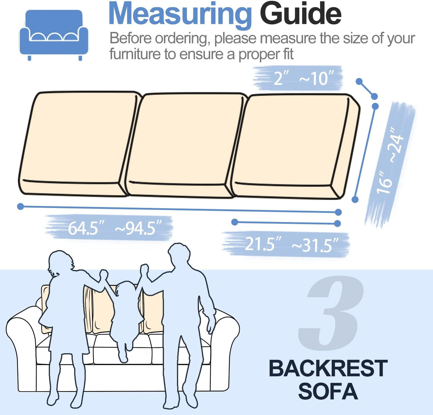 Large Backrest Cushion Covers Super Stretch Backrest Covers for 3 Cushion Couch Sofa, Couch Back Cushion Covers Featuring with Chenille Yarn (Softer Version, 3PC, Beige)