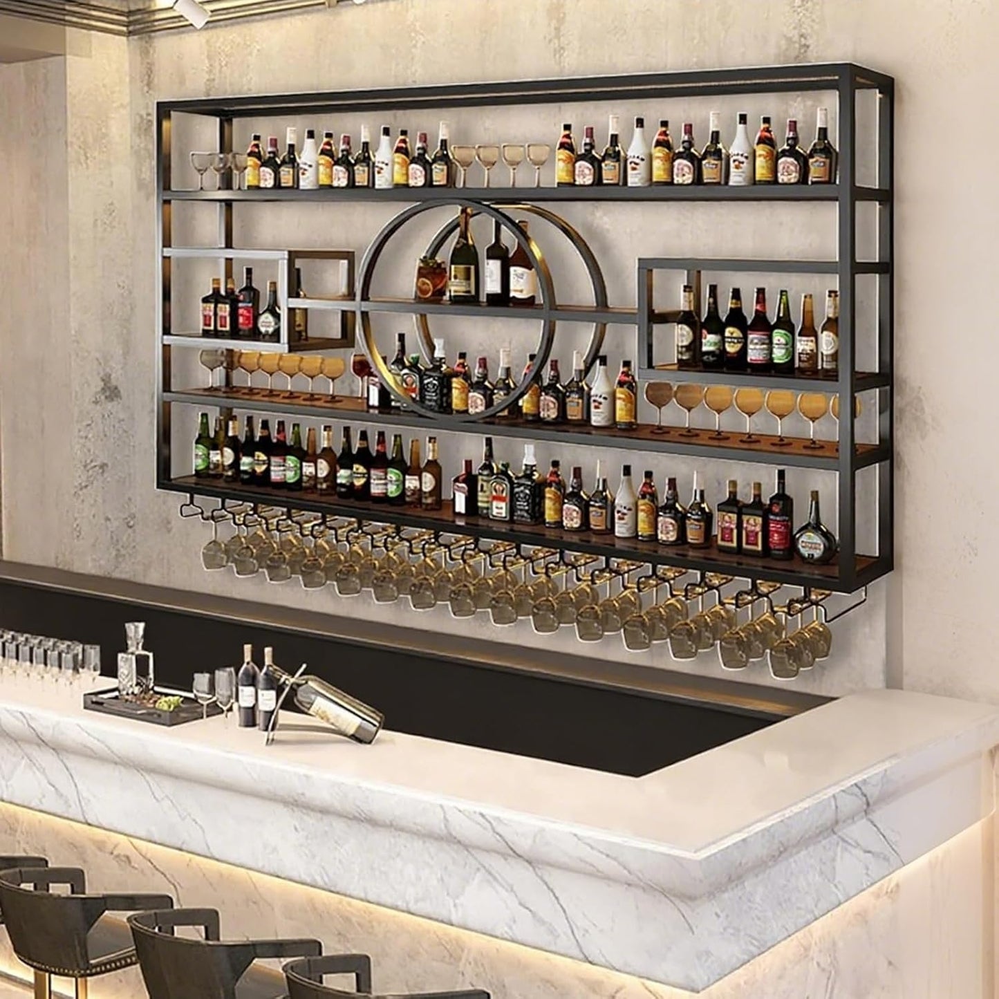 47.2in Wall Mounted Wine Rack, Modern Metal Wine Bottle and Glass Holder, Iron Display Stand Decorative Wine Rack, for Bar Living Room Dining Room Background (Black, 47.2 * 8 * 51INCHES)