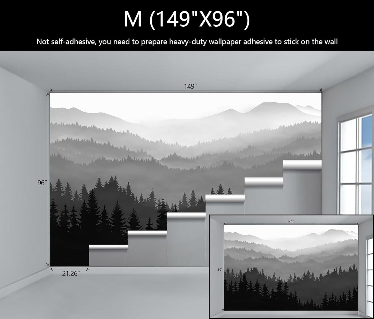 WFBHUA-Black and White Forest Mountain Wallpaper Gray Woodland Nature Landscape Wall Paper Mural for Bedroom Living Room(Not Peel and Stick)