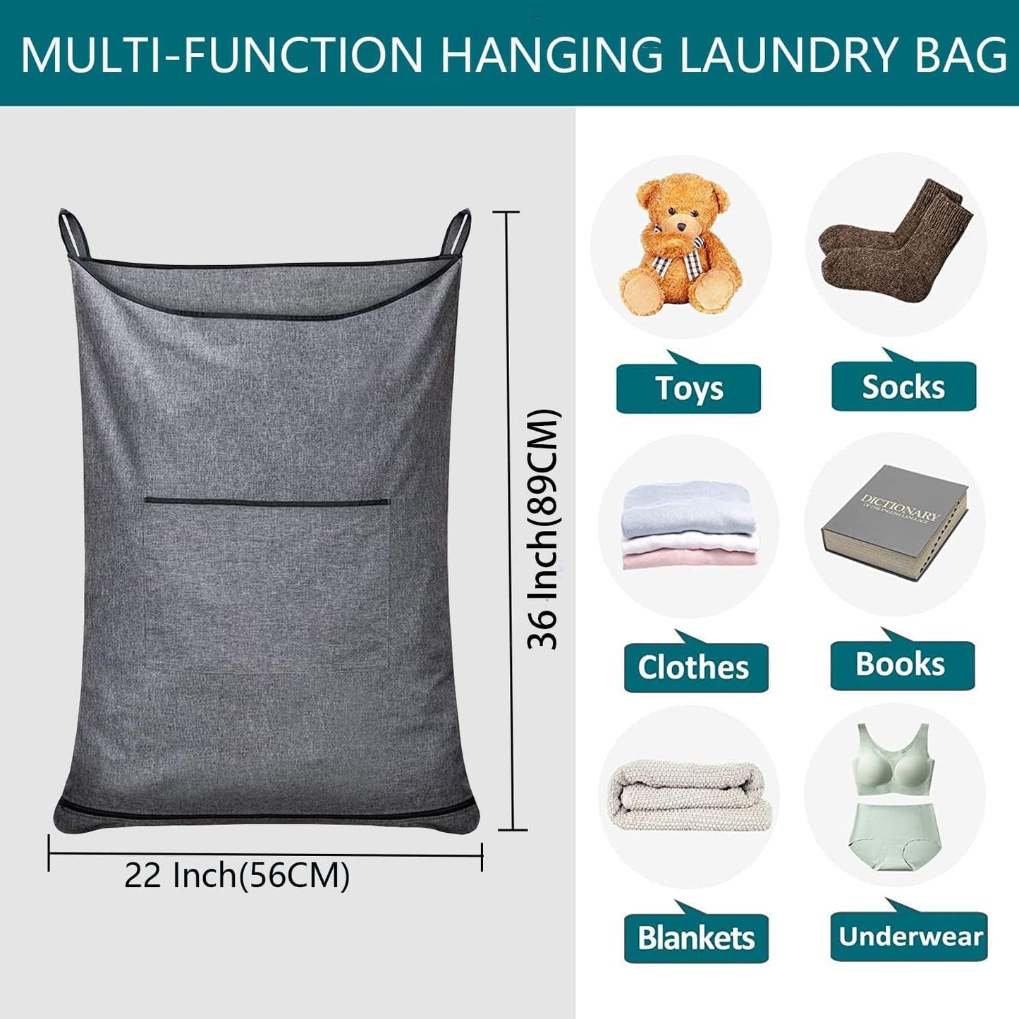 Hanging Laundry Hamper,Door Hanging Hamper with Width Opening, Over the Door Laundry bag with hooks, Laundry Collector and Over Door Storage Bag (36x22 Inch,Pop Grey)