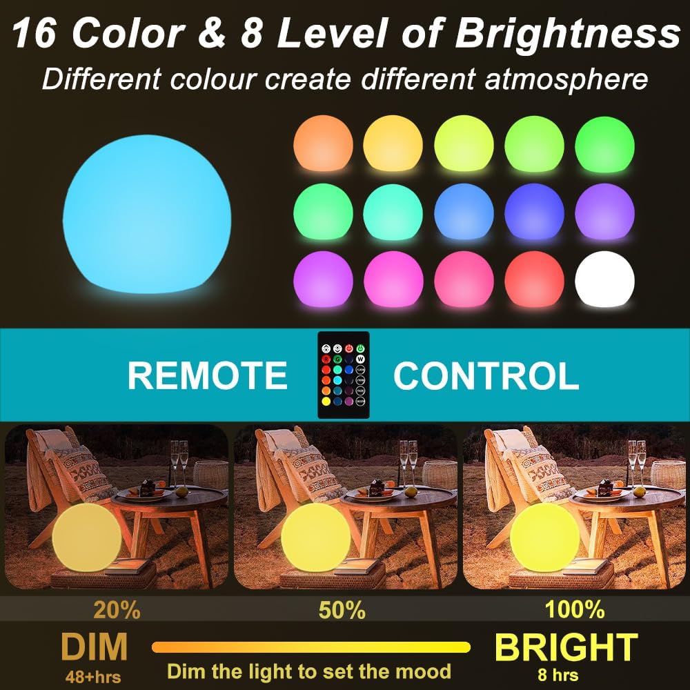 12 Inch Solar Glowing Ball Light Outdoor, Solar Garden Globe Light w/Remote, RGB Color Changing Waterproof Large LED Orb Lights, Landscape Lighting Mood Lamp w/Ground Stake for Patio Yard Lawn Path