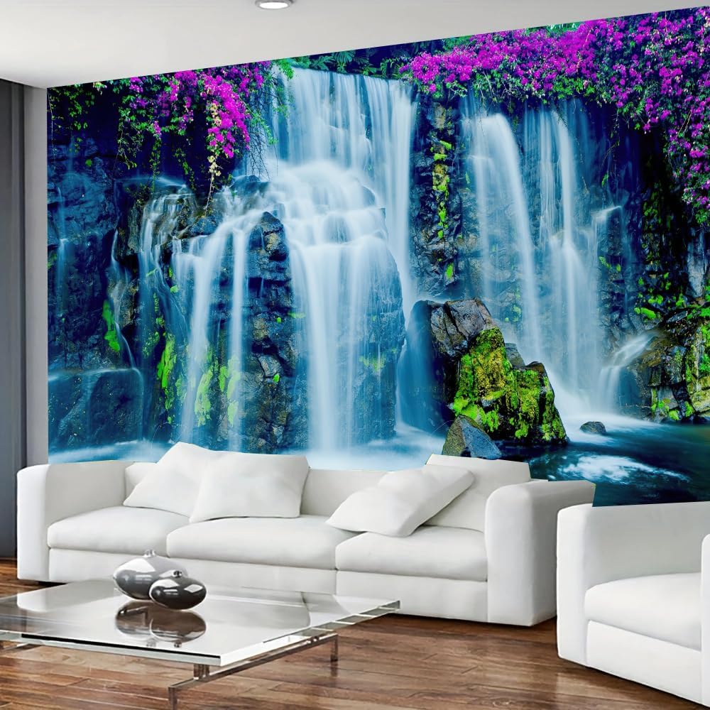 FENDROM Waterfall Tapestry Purple Forest Wild Flowers Floral Mountain Jungle Plants Nature Landscape Wall Hanging Bedroom Living Room Hanging Decorative Blanket