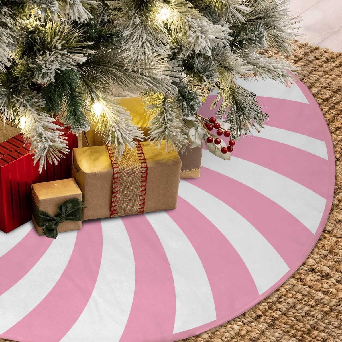 Swirl Stripe Christmas Tree Skirt 36 inches Sweet Candy Cane Pink Christmas Decorations Xmas Tree Mat Holiday Party Home Decorations (Pink, 36in)