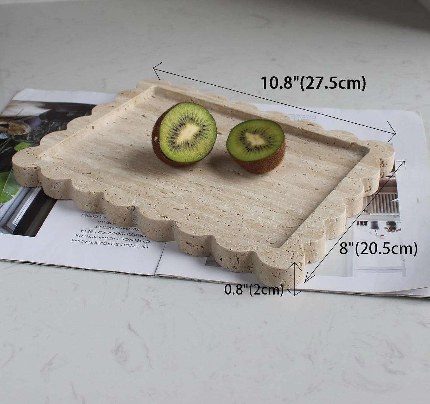 Natural Luxury Scalloped Marble Tray 10.8"x8", Rectangle Vanity Tray for Bathroom Kitchen Counter, Decorative Tray for Dresser Home Decor (Beige Travertine)