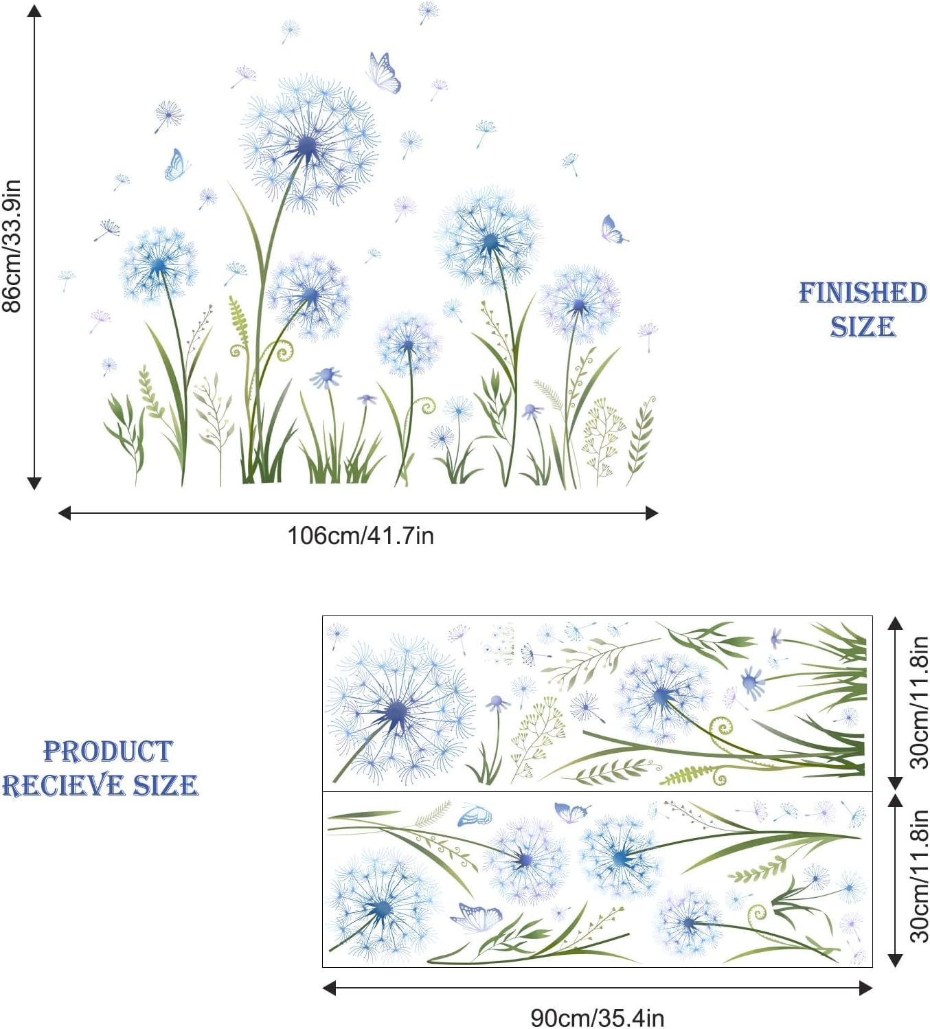 Dandelion Flower Butterfly Wall Decals Blue Dandelion Plants Floral Wall Stickers Peel and Stick Vinyl Wall Art Decor for Living Room Bedroom Office TV Sofa Backdrop Home Decor Gifts for Mom