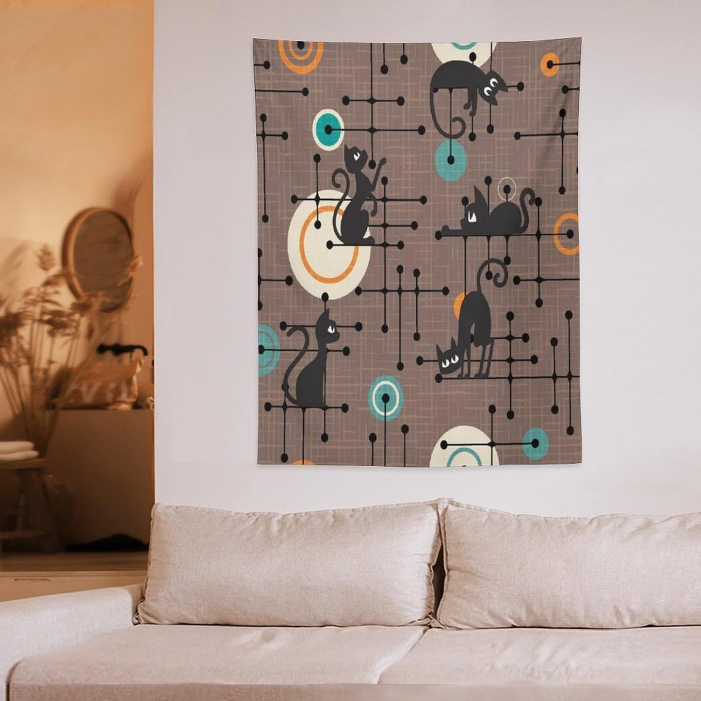ICMOLYYENLO Boho Medieval Cat Tapestry, Abstract Atomic Starburst Geometric Aesthetic Art Wall Hanging For Bedroom Living Room Dormitory 60x60 Inches
