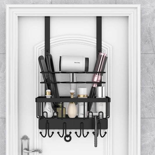 REFLYING Over-the-Door Hairdryer and Styling Tool Organizer, Metal, Black, 3 Compartments, 8 Hooks, 15"H x 10"W x 4.7"D