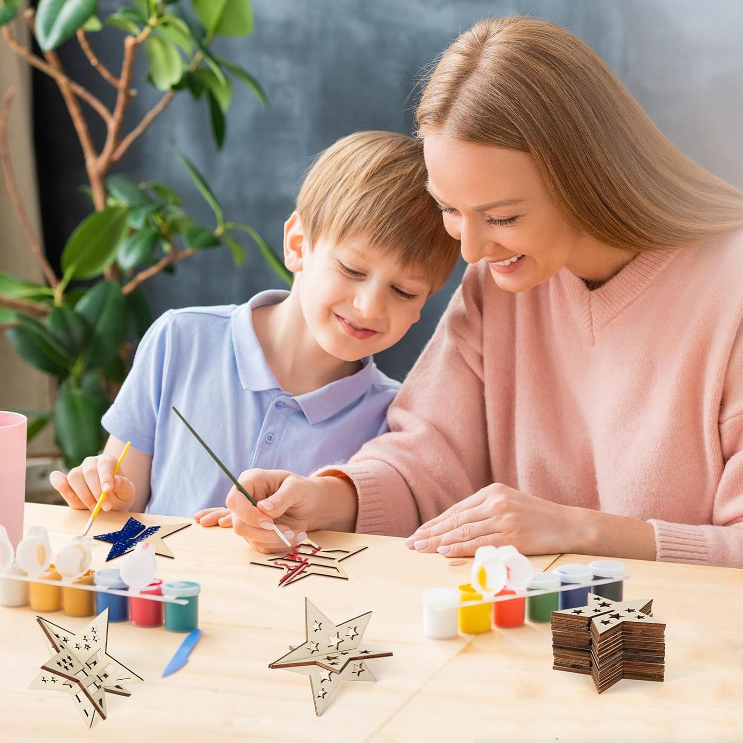 COCHIE DIY 3D 4th of July Stars Wood Crafts to Paint for Kids Adults, Paintable Unfinished Wooden Slices for Craft, Memorial Day Veterans Day Star Cutouts Ornaments for Painting Decorations (24 PCS)