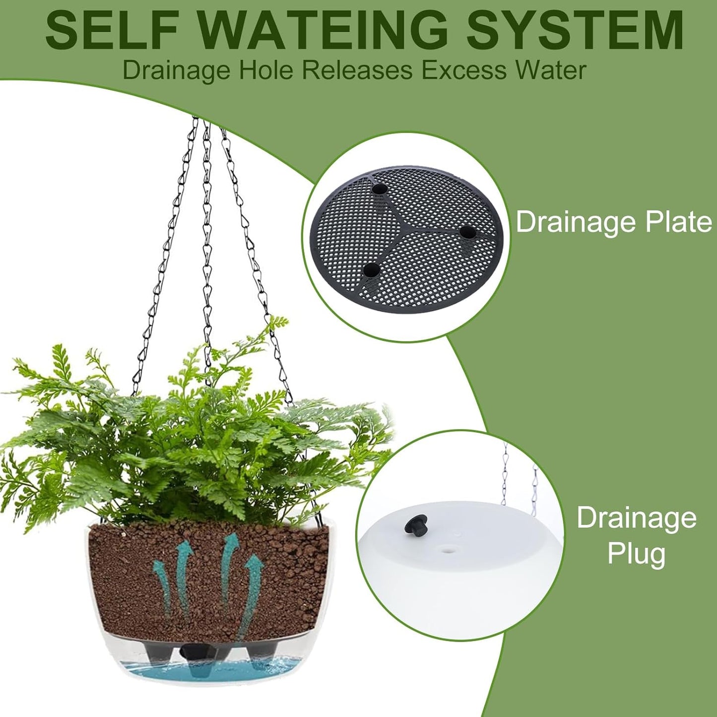2 Packs Solar Hanging Basket Planters for Plants Outdoor, Self Watering White Flower Plants Pots with Solar Light Drainer for Balcony Patio Garden Outdoor Decoration