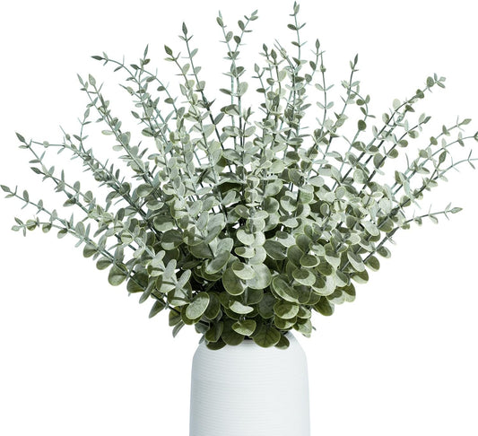 48Pcs Faux Eucalyptus Stems, 15" Artificial Eucalyptus Plants with White Frosted Coating, Fake Eucalyptus Decor Plastic Greenery Leaves for Wedding Bouquets Home Decor DIY Floral Arrangements