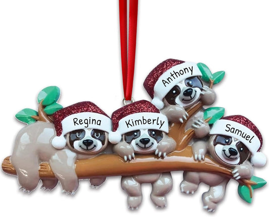 3D Sloth Family of 4 Christmas Ornament 2025 Personalized Family Christmas Ornaments 2025 | Holiday Hangout Sloths Personalized Tree Ornaments Customizable Gifts Tree Hanging Sloth of Four Ornament