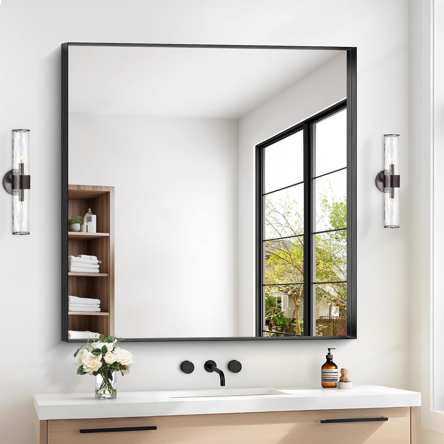 Black Bathroom Mirror, 42x42 Inch Rectangular Framed Mirror, Large Wall Mounted Bathroom Vanity Mirror Over Sink for Bedroom,Restroom, Living Room, Hangs Vertically or Horizontally
