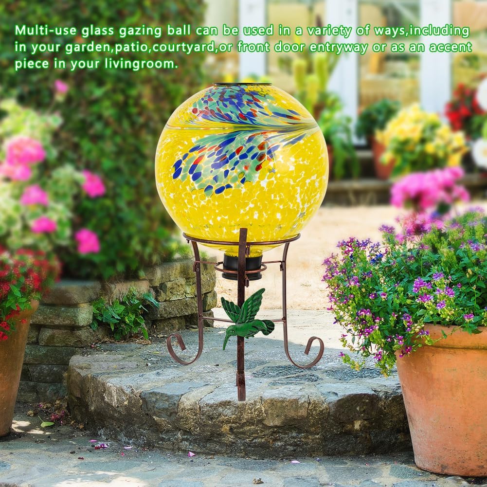 10" Diameter Solar Gazing Ball and 8.5" Metal Stand Indoor Outdoor Glass Globe Sphere Yard Art Ornament Solar Gazing Balls for Garden,Lawn,Porch,Patio Gardening Gift for Women(Yellow)