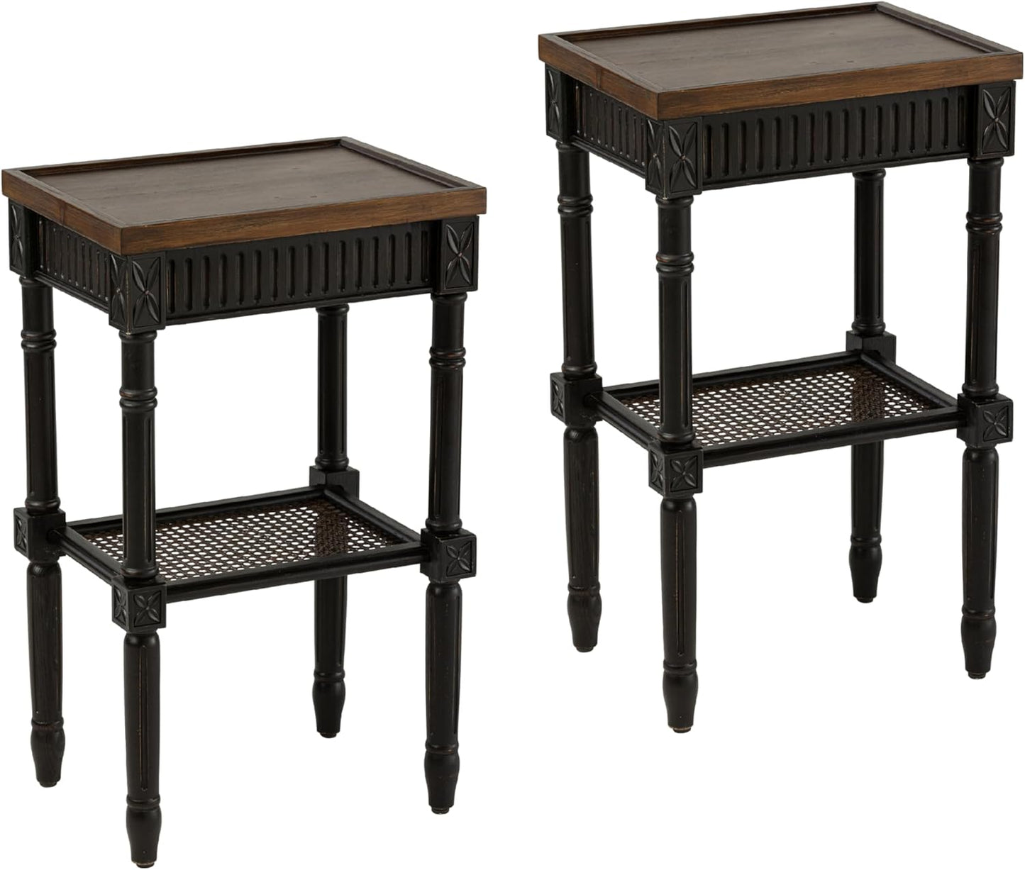 Rustic Farmhouse Cottagecore Accent End Table Set of 2, Distressed Accent Side Table with Espresso Tray Top and Woven Wicker Shelf, Boho, French Country Decor, Square, Weathered Brown & Black