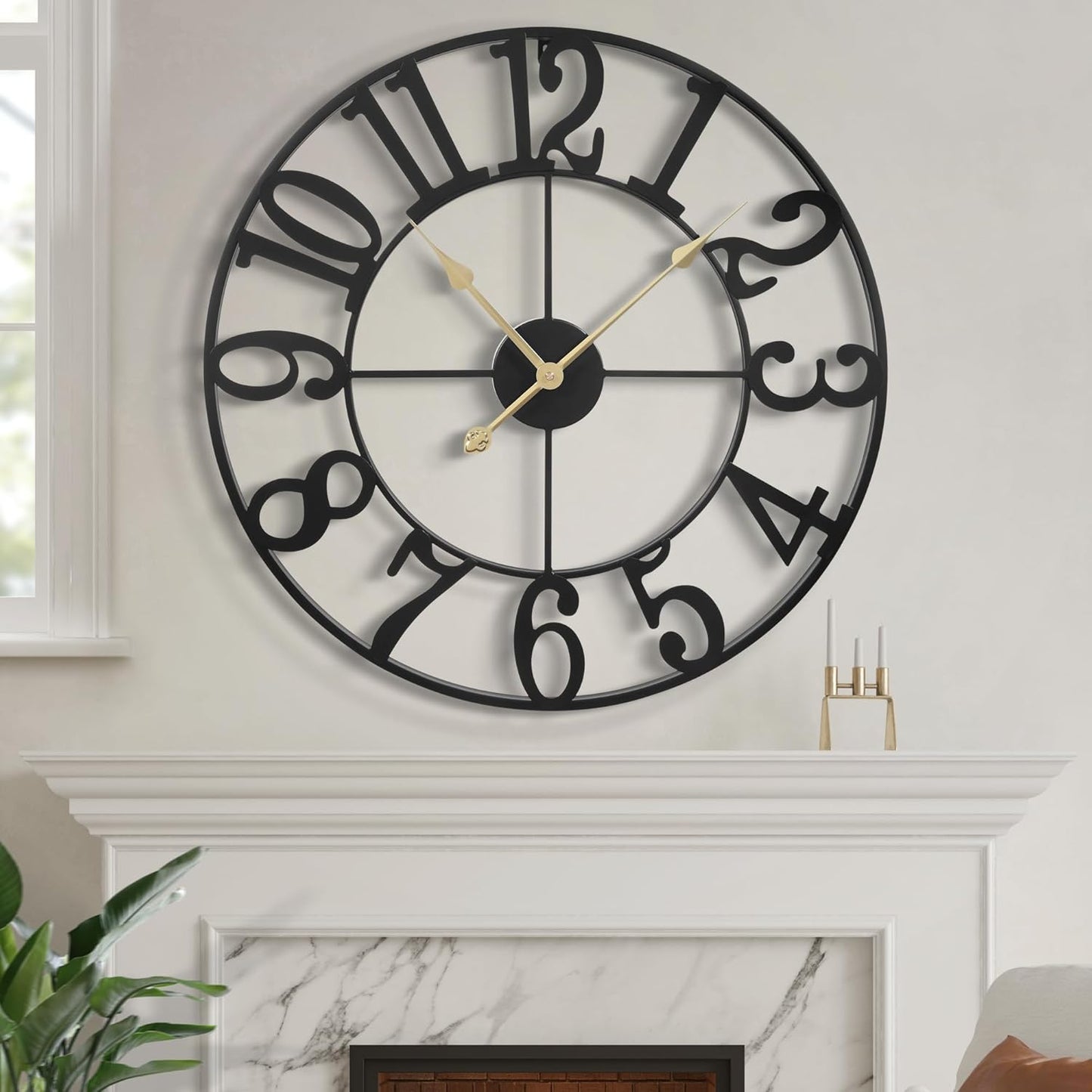 LEIKE Large Wall Clock, 18.5" Silent Non-Ticking, Battery Operated, Oversized, Decorative Retro Black Metal Clock for Living Room,Farmhouse, Dinner Room,Indoor, Outdoor(47cm, Black Arabic Number)