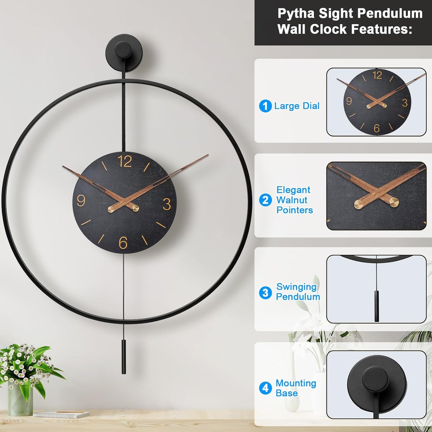 Large Modern Wall Clock,30.7× 20 Inch Big Metal Minimalist Arabic Numeral Dial,Decorative Farmhouse Pendulum Wall Clocks with Walnut Pointers forLiving Room Decor, Office,Dining Room