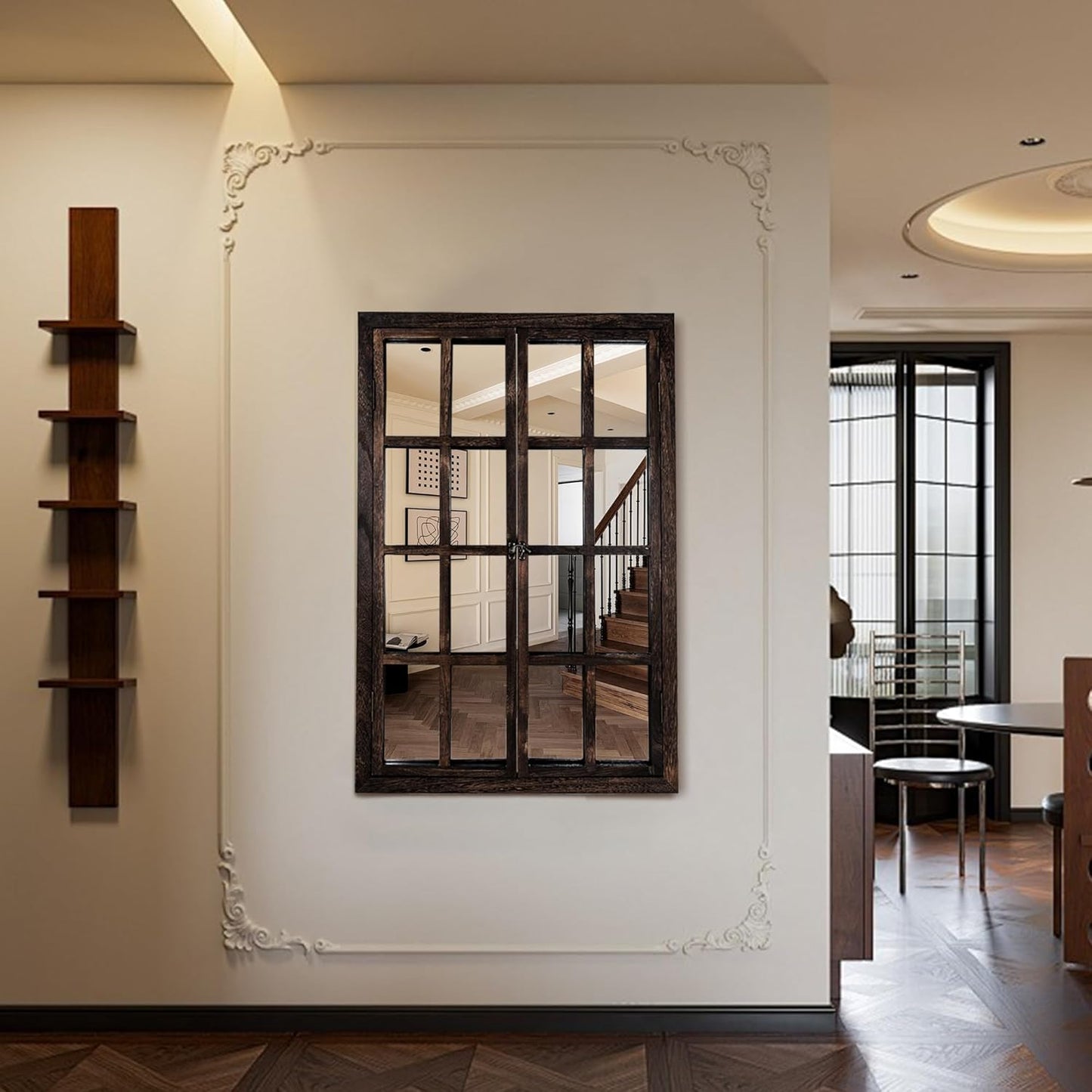 Wall Mirror with Window Design, 38"x26" Rustic Farmhouse Wood Mirror for Wall Decor, Decorative Vintage Mirror for Living Room, Bedroom, Entryway