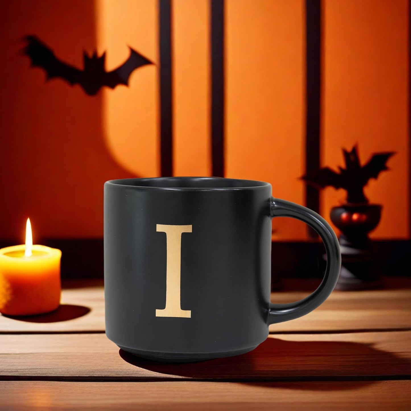 COLLECTIVE HOME - Monogram Ceramic Mugs, 15 oz Golden Initial Black Coffee Cups, Elegant Alphabet Tea Mugs, Elegant Personalized Mug with Gift Box, Unique Mug with Double Side Capital Lette (I)