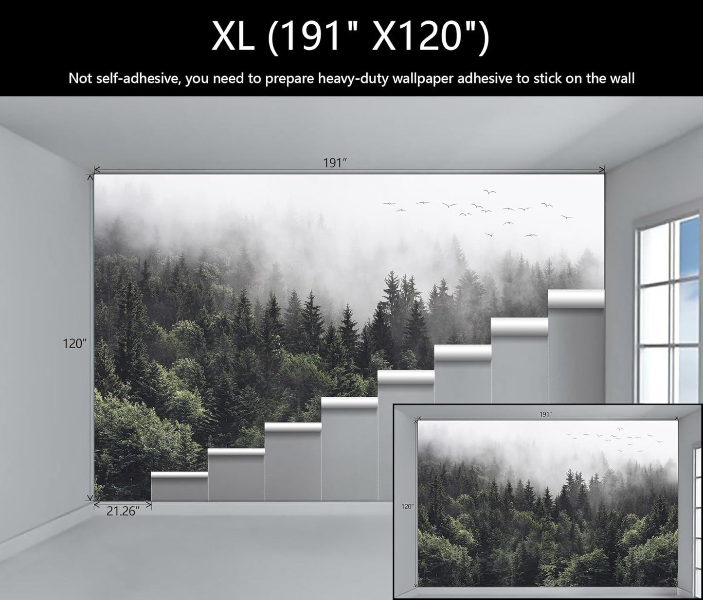 WFBHUA-Foggy Forest Woodland Wallpaper Green Nature Landscapes Wall Murals for Bedroom Living Room(Not Peel and Stick)