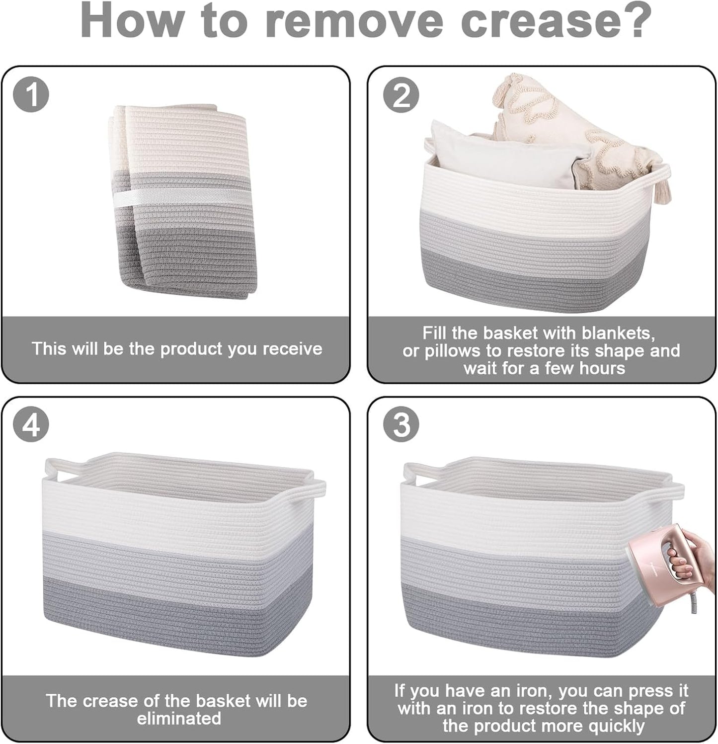 OIAHOMY Rectangle Woven Storage Basket - Nursery Cotton Rope Baskets for Storage, Toy Basket Organizing for Living Room, 17.7"x13.8"x11"- Pack of 3 - Gradient Gray