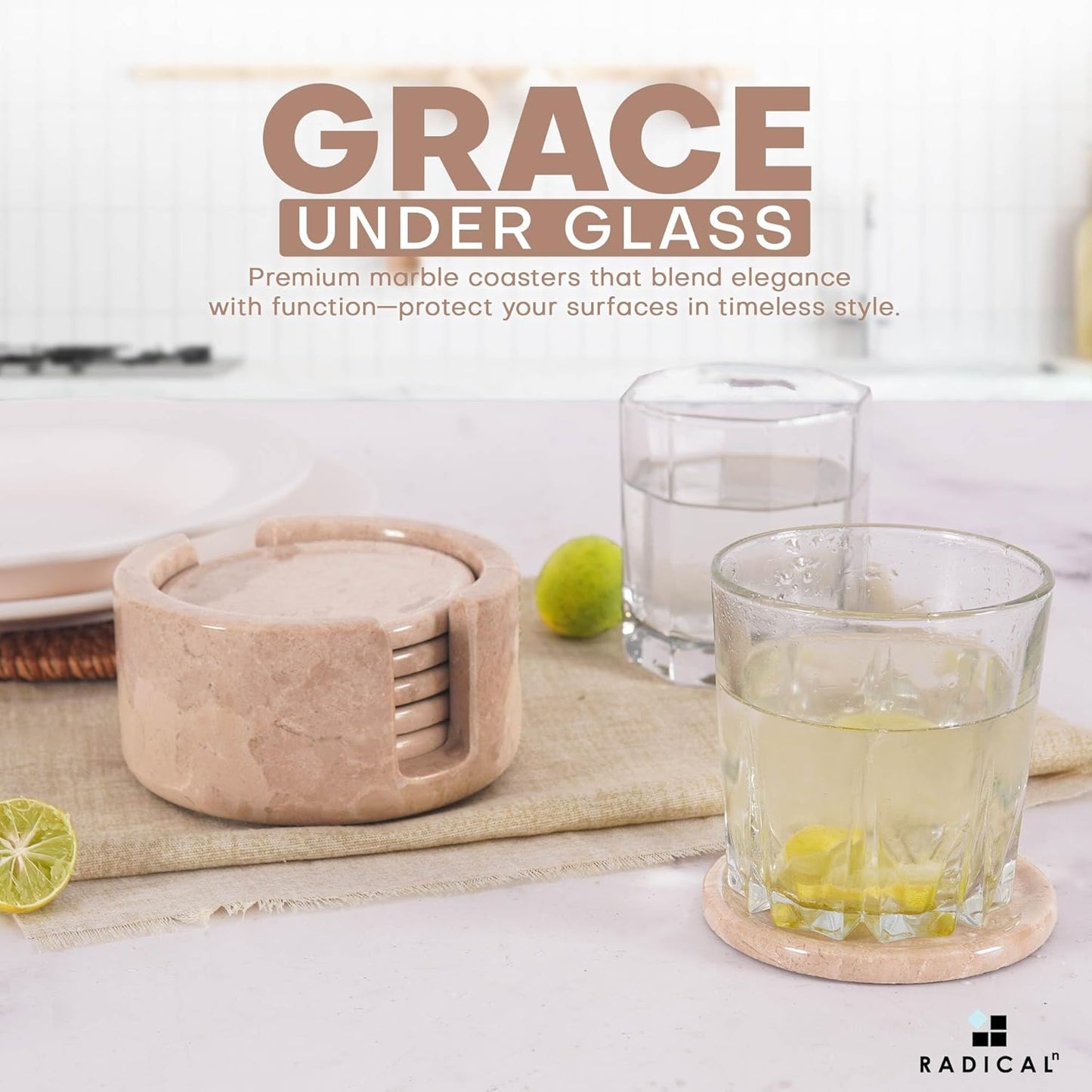 Marble Coasters Set of 6 Verona 3.5 Inch Round Coaster for Drinks with Holder, Drink Coaster for Tabletop & Coffee Table Decor, Ideal Home Decor House Warming Gifts