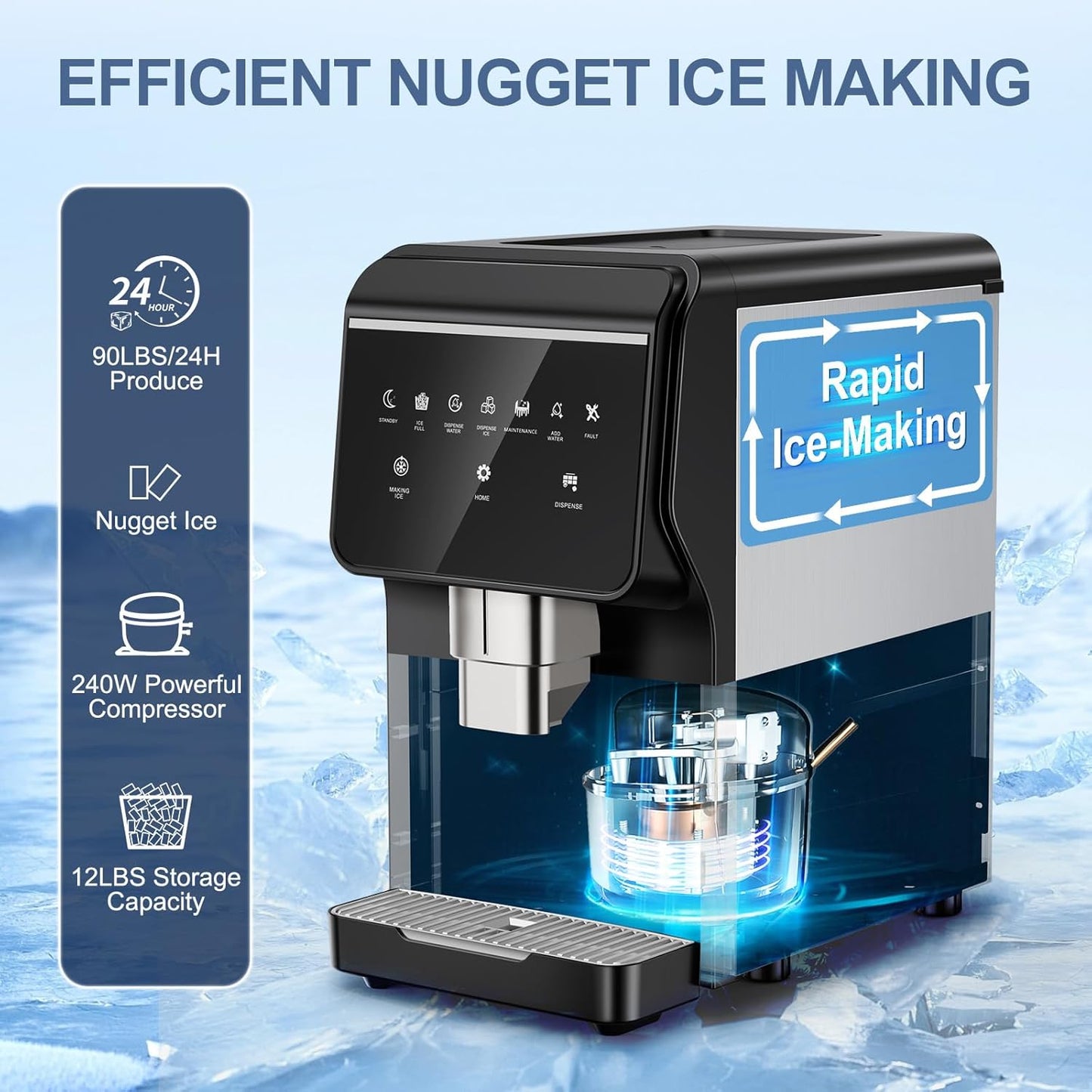 3-in-1 Nugget Ice Maker with Ice & Water Dispenser - 90Lbs/24H Pellet Chewable Ice, Self-Cleaning Countertop Stainless Steel Ice Machine for Commercial, Office, Kitchen, Party (Quiet Operation)