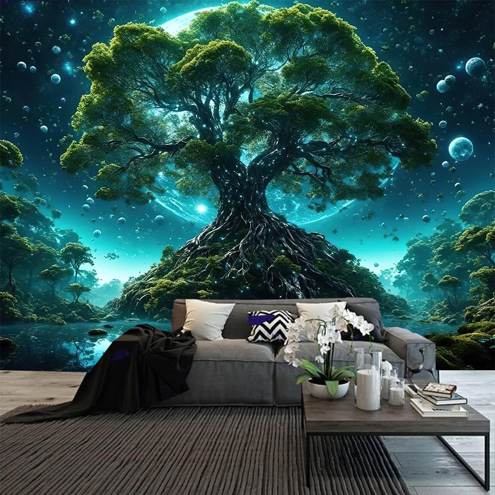 FENDROM Tree of Life Tapestry Nature Green Tree Wall Hanging Aesthetic Moon Night Fantasy Wonderland Tree Plants Wall Art For Home Dorm Living Room Decor
