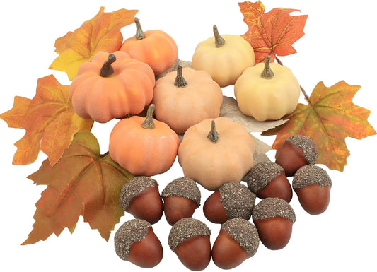 21Pcs Fake Pumpkins Fall Thanksgiving Decorations,Plastic Pumpkins with Acorns,Maple Leaves,Artificial Mini Pumpkin Decorating Autumn Harvest Outdoor Indoor Home Decor Centerpiece Table Decorations