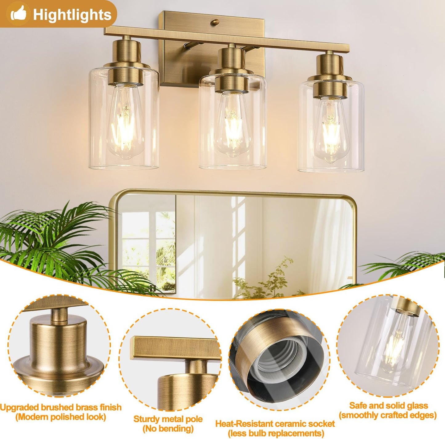 3 Light Bathroom Light Fixtures, Brass Vanity Lights for Bathroom with Clear Glass Shades, Modern Bathroom Wall Sconces for Mirror Living Room Cabinet